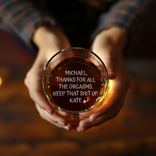 Thanks For All The Orgasms Anniversary Gift For Husband - Personalized Engraved Whiskey Glass for Him, Funny Gift Engraved Glass, Custom Box